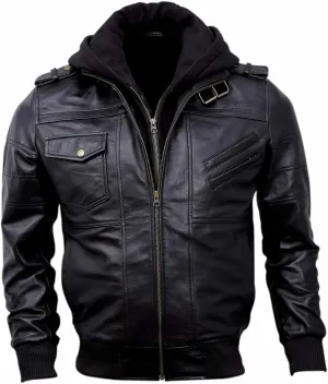 Spine Spark Men Motorbike Removable Hooded Jacket Black Leather
