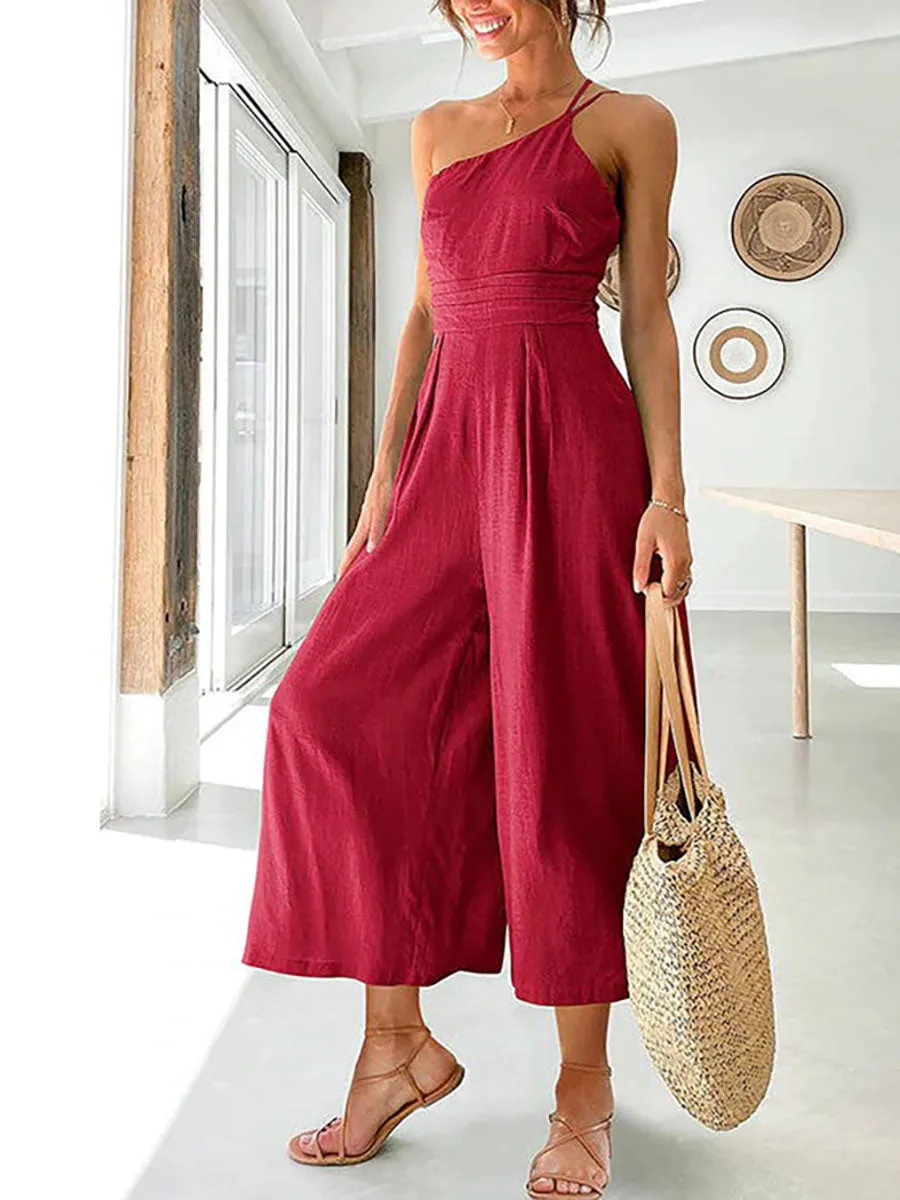 Stunncal Chic Journey One Shoulder Straps Wide Leg Jumpsuit（8 colors）