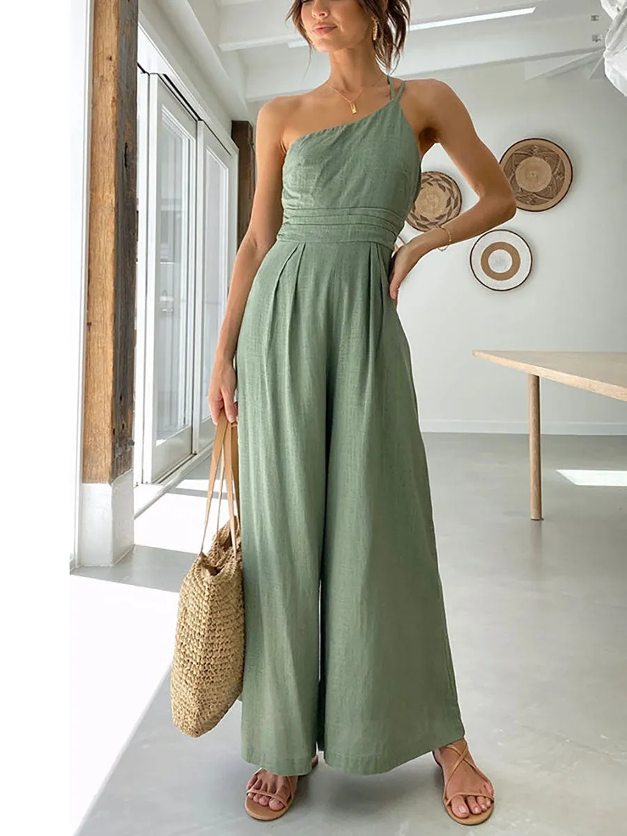 Stunncal Chic Journey One Shoulder Straps Wide Leg Jumpsuit（8 colors）