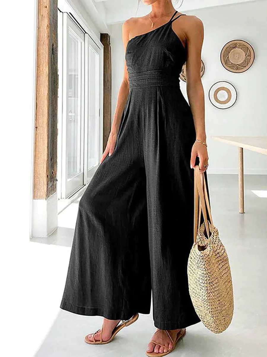 Stunncal Chic Journey One Shoulder Straps Wide Leg Jumpsuit（8 colors）