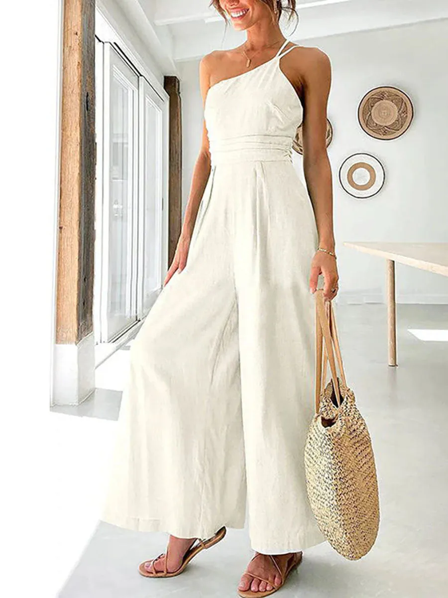 Stunncal Chic Journey One Shoulder Straps Wide Leg Jumpsuit（8 colors）