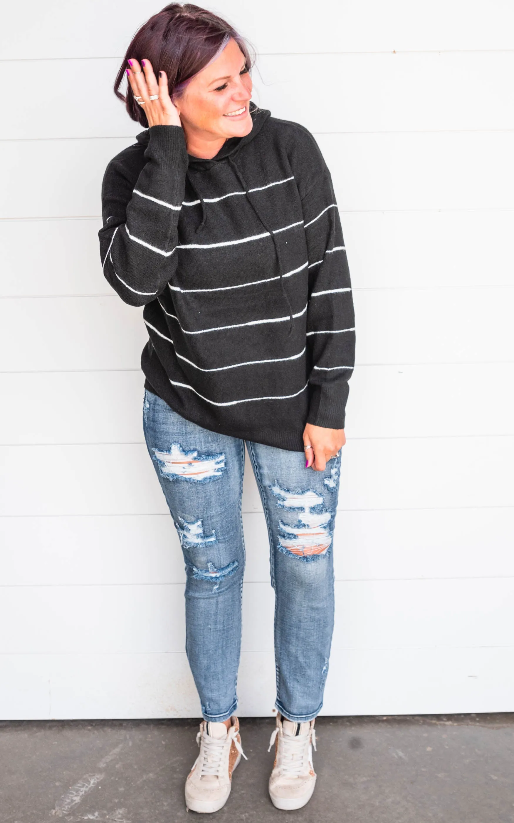 Super Soft Black & Ivory Stripe Hoodie - Final Sale