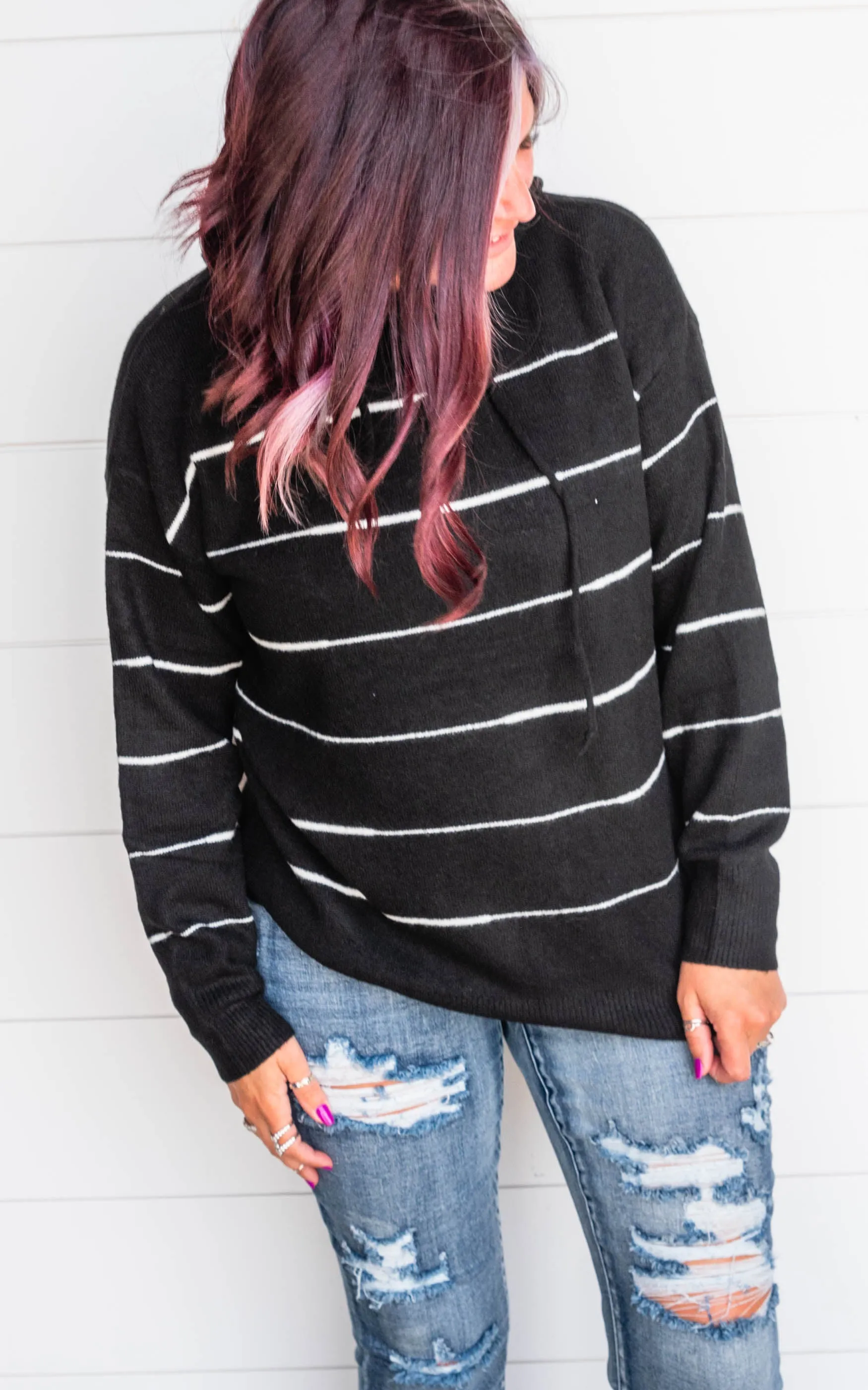 Super Soft Black & Ivory Stripe Hoodie - Final Sale