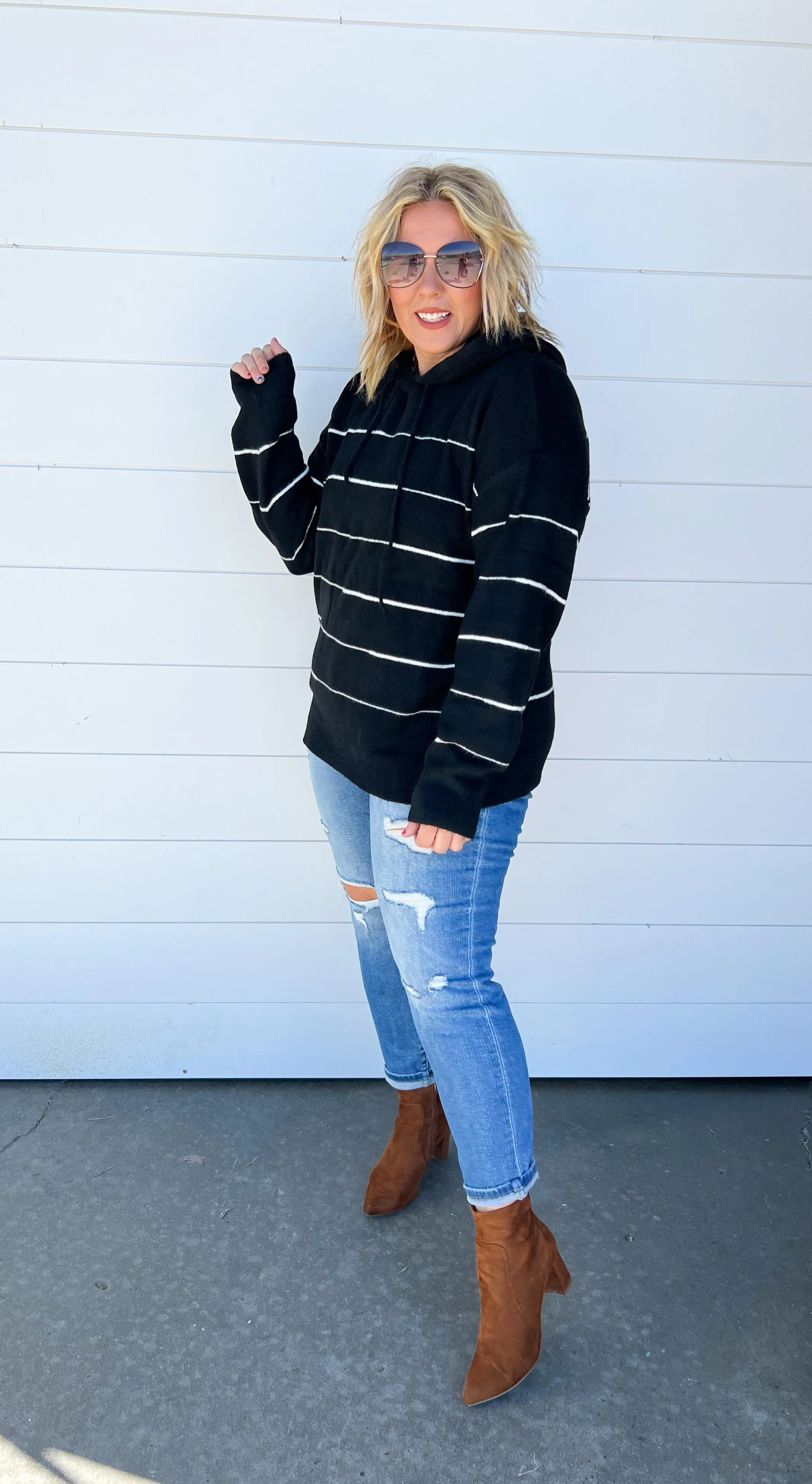 Super Soft Black & Ivory Stripe Hoodie - Final Sale
