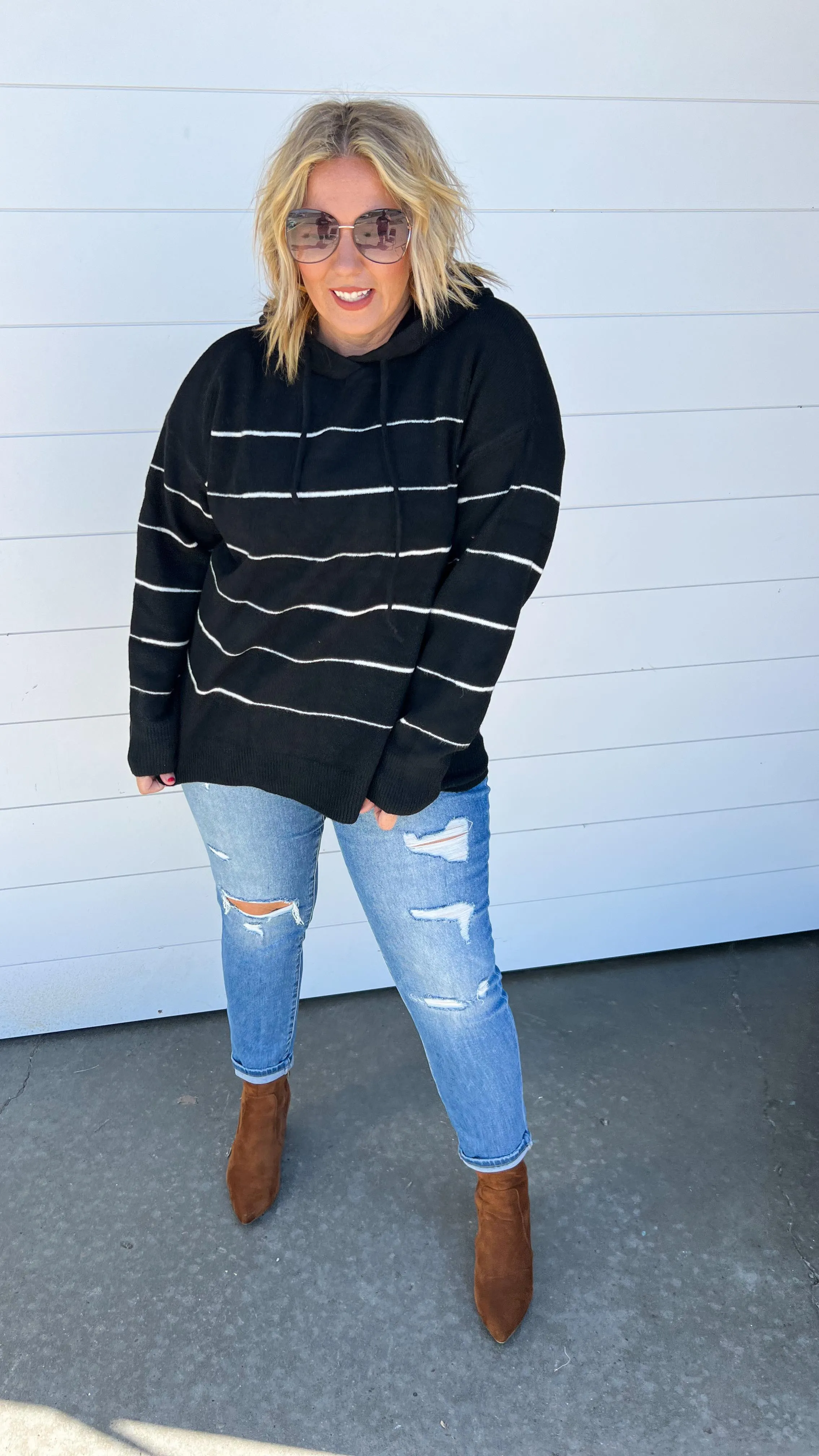 Super Soft Black & Ivory Stripe Hoodie - Final Sale