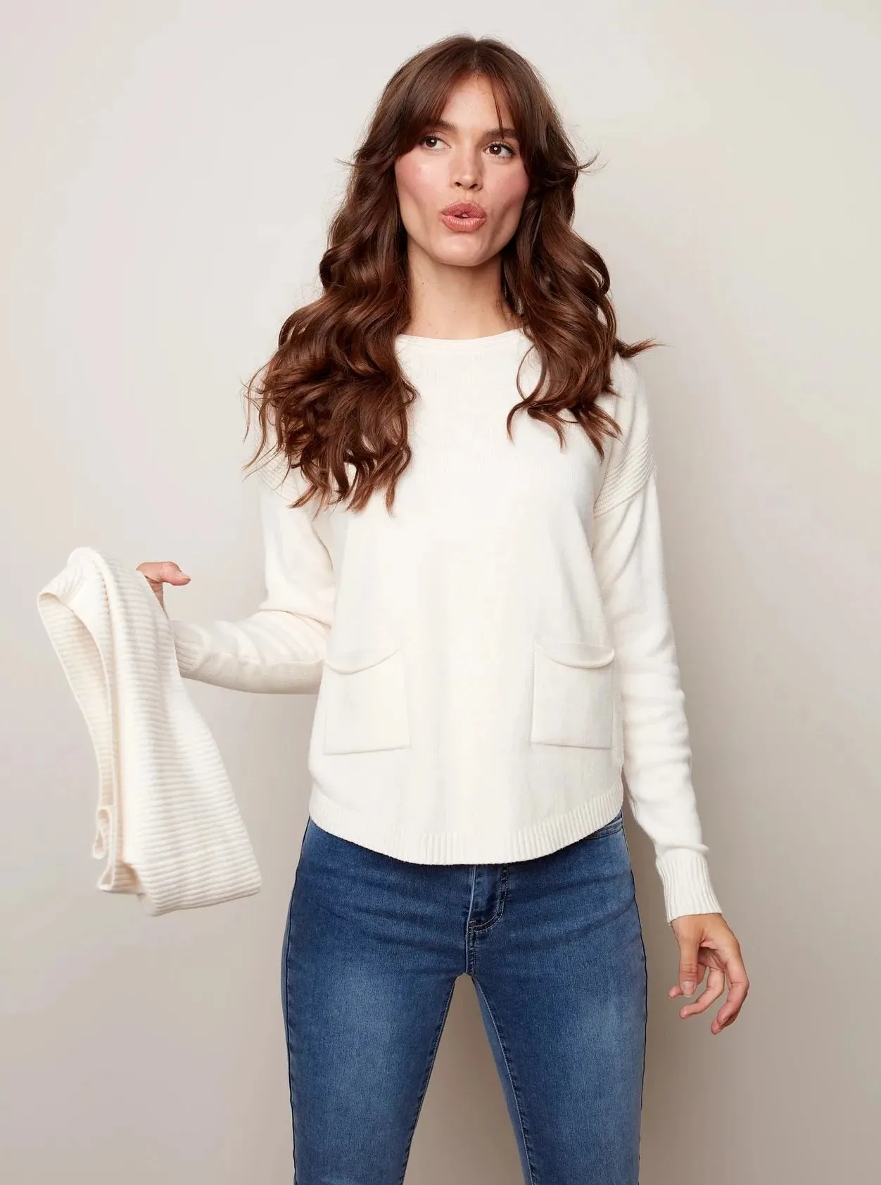 Sweater With Detachable Scarf [Ecru-C2420]