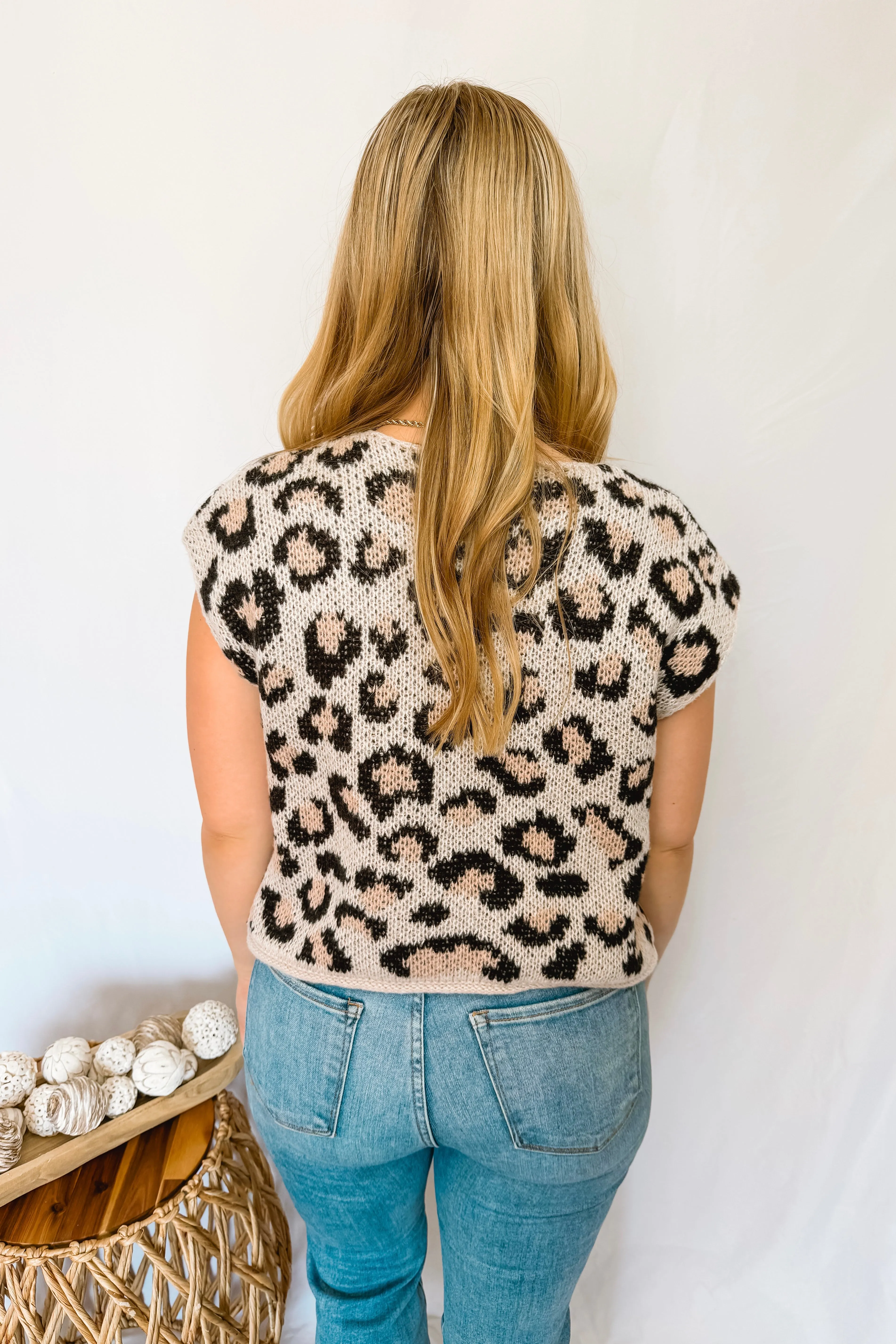 Sweet Spots Metal Button Knit Sweater Vest - Leopard