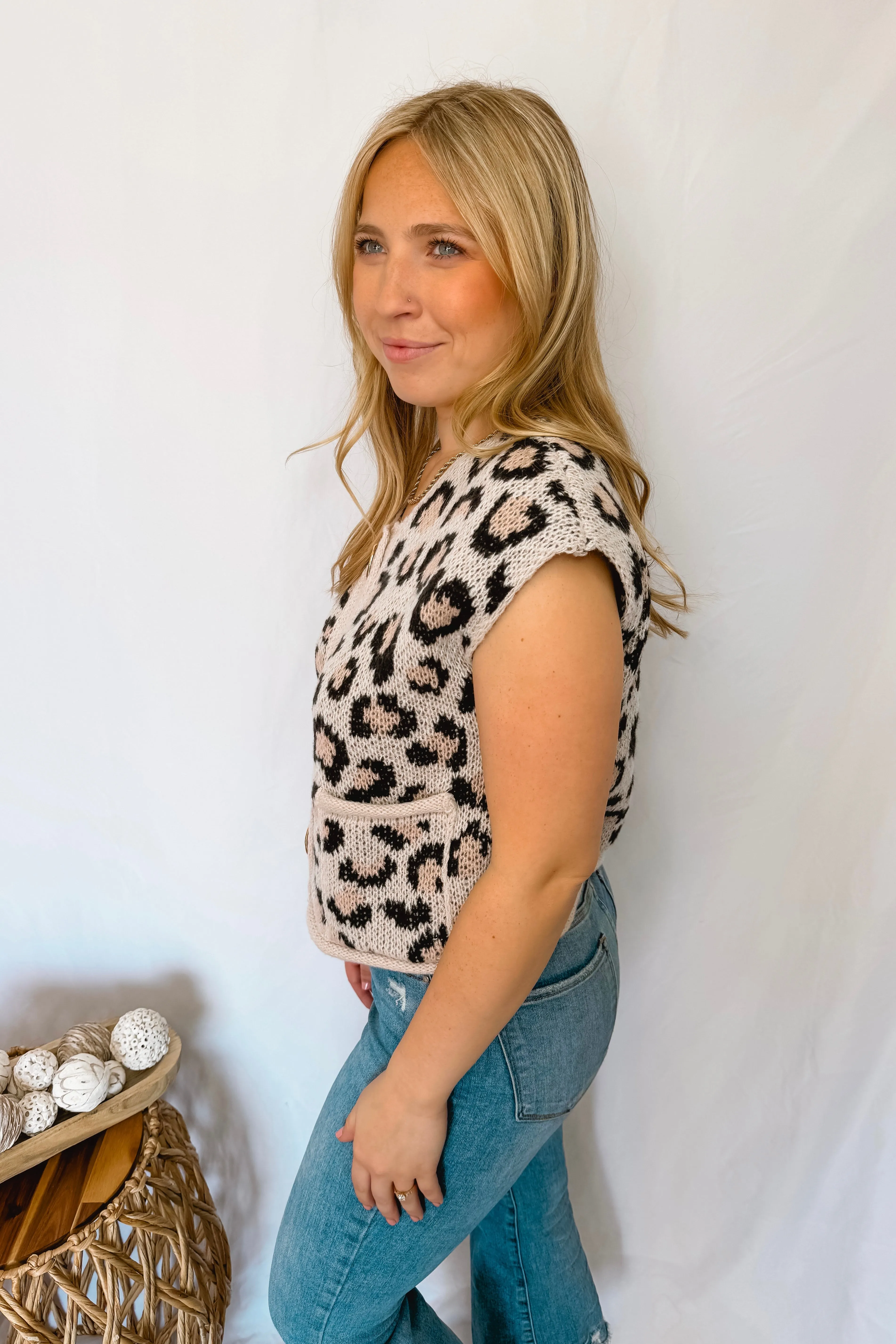 Sweet Spots Metal Button Knit Sweater Vest - Leopard