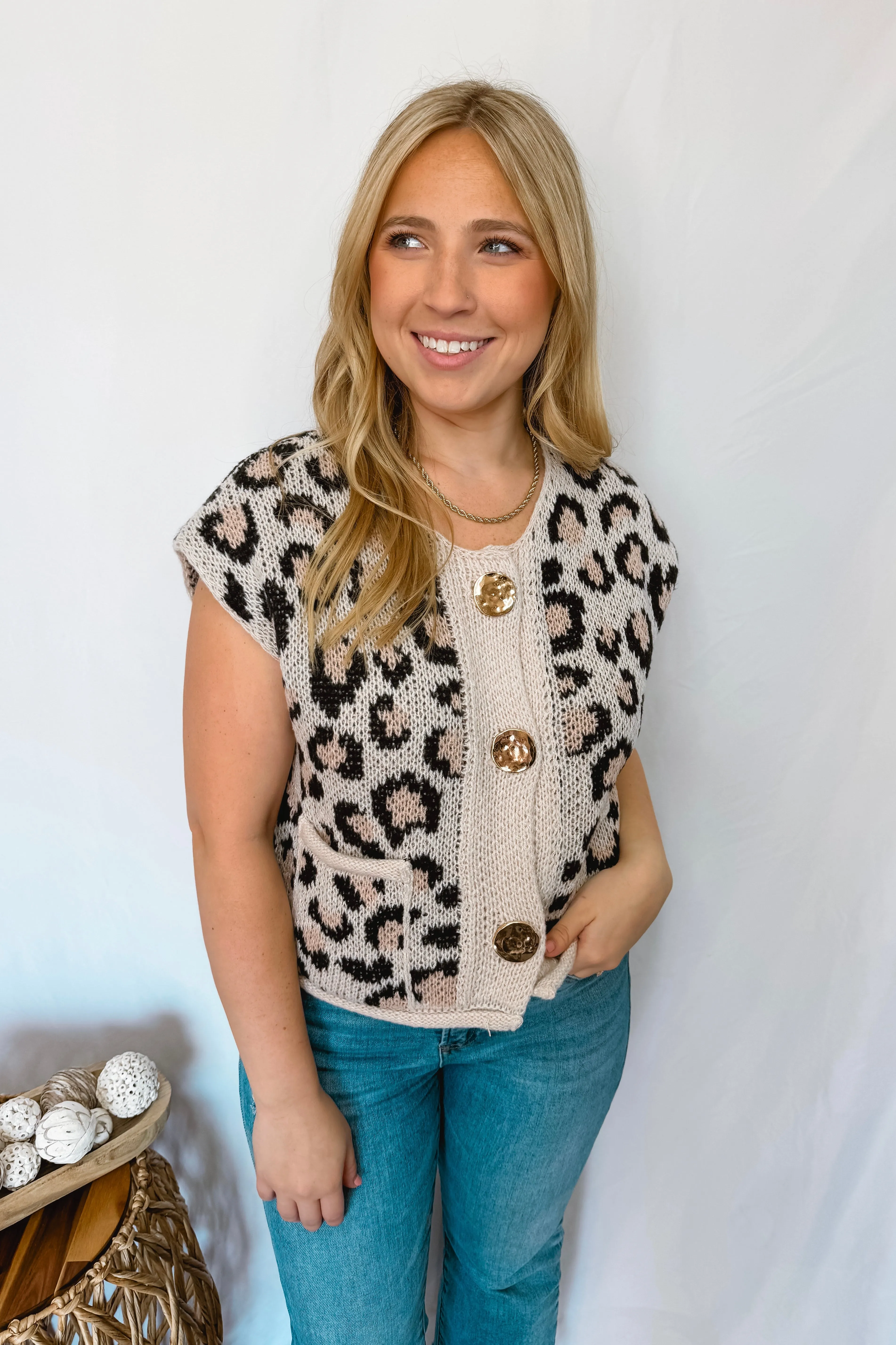 Sweet Spots Metal Button Knit Sweater Vest - Leopard