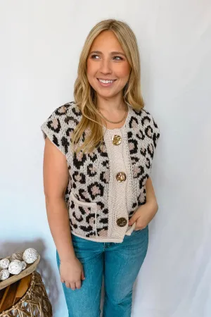 Sweet Spots Metal Button Knit Sweater Vest - Leopard