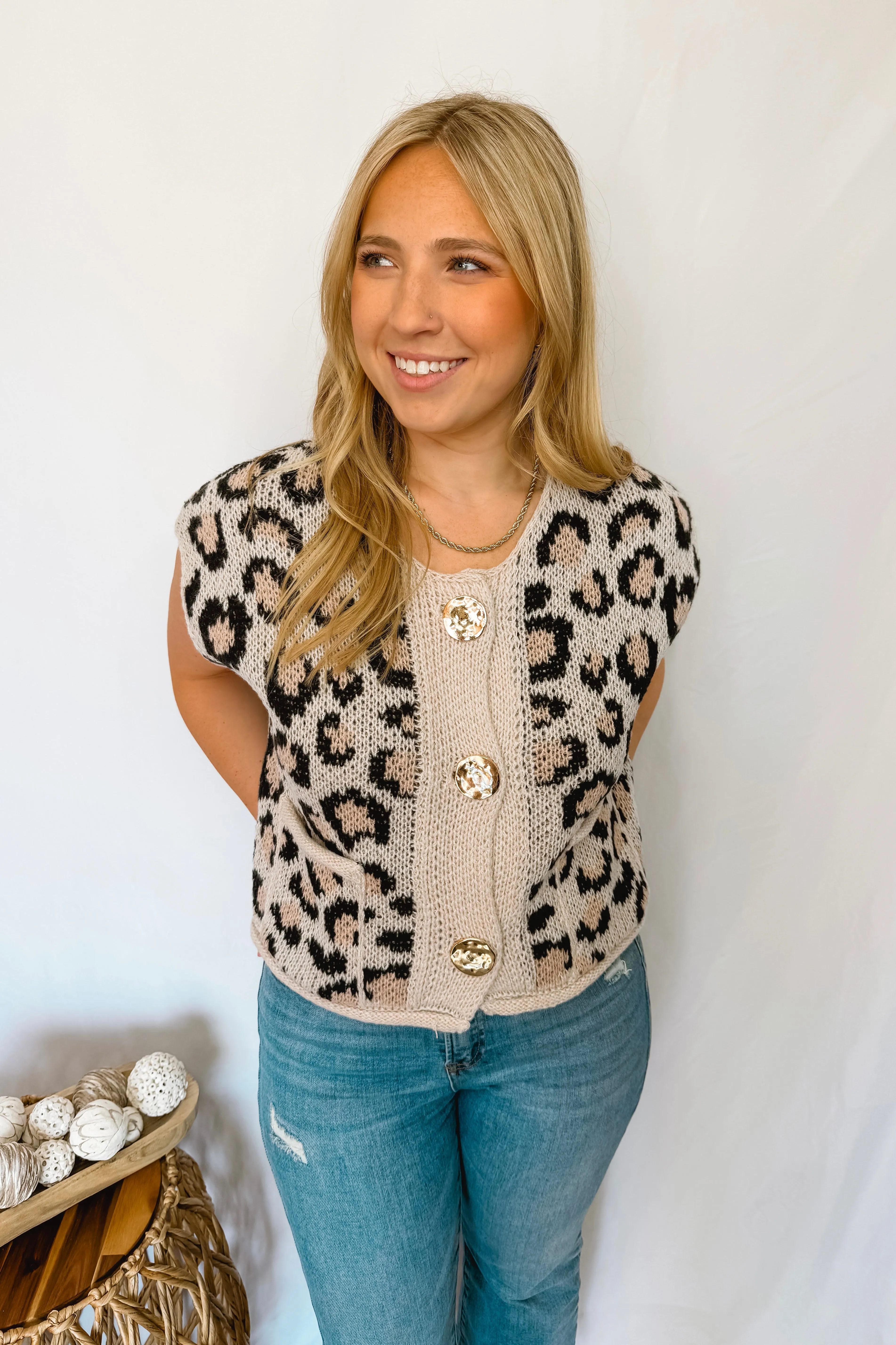 Sweet Spots Metal Button Knit Sweater Vest - Leopard
