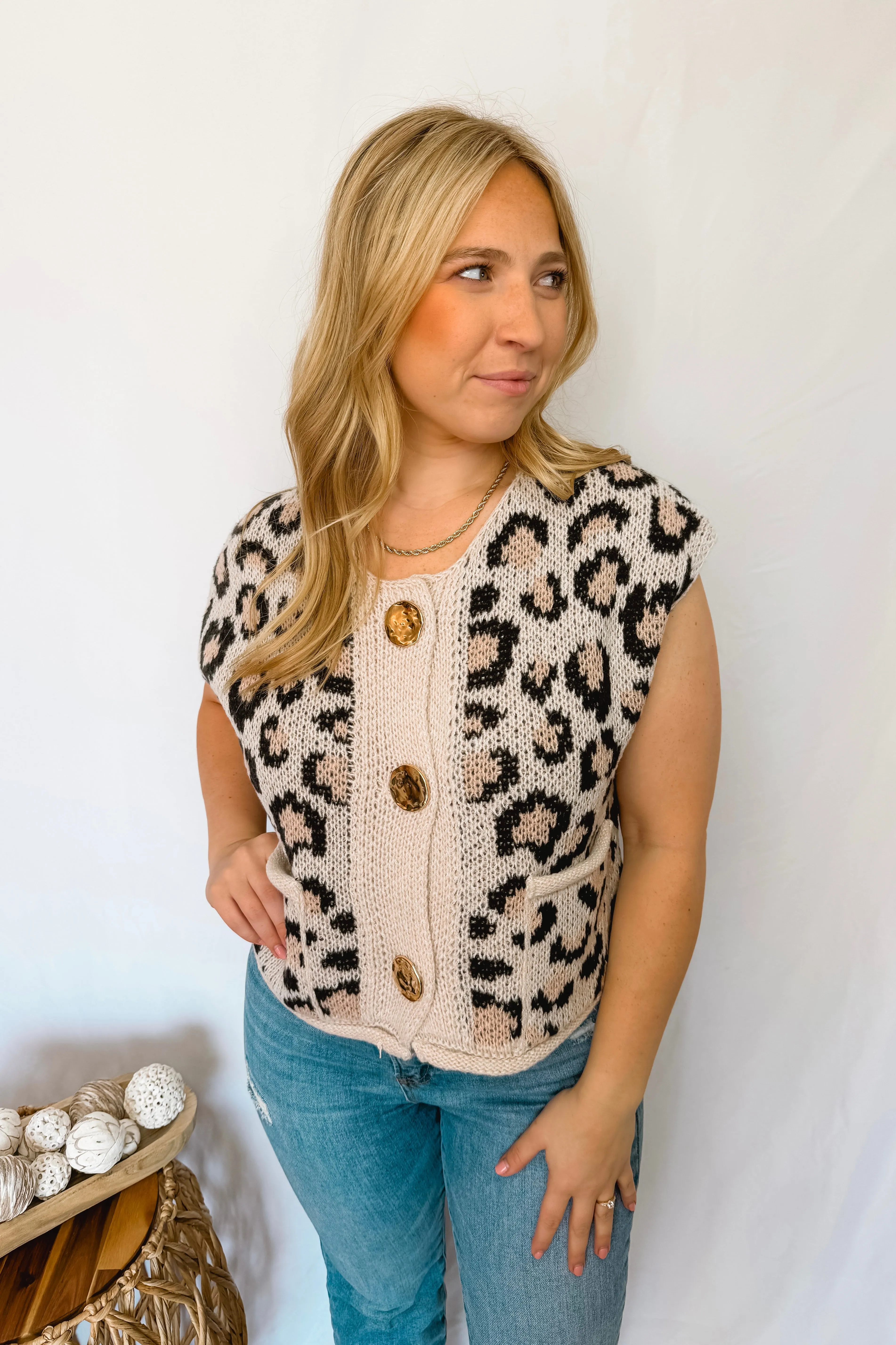 Sweet Spots Metal Button Knit Sweater Vest - Leopard