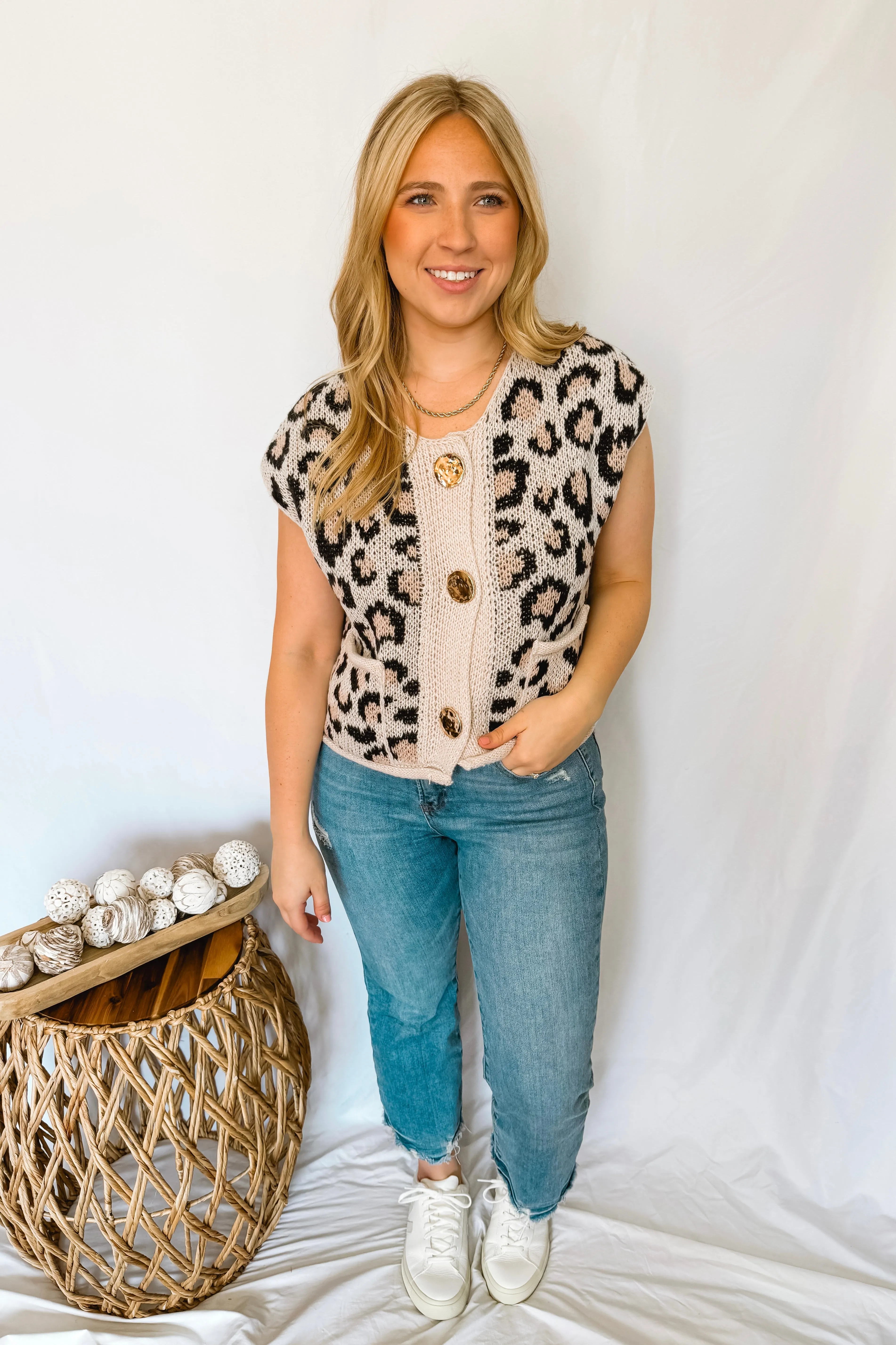 Sweet Spots Metal Button Knit Sweater Vest - Leopard