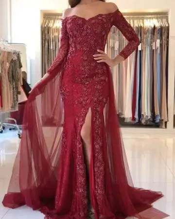 Sweetheart Lace-Appliques Front-Split Newest Long-Sleeve Mermaid Prom Dress
