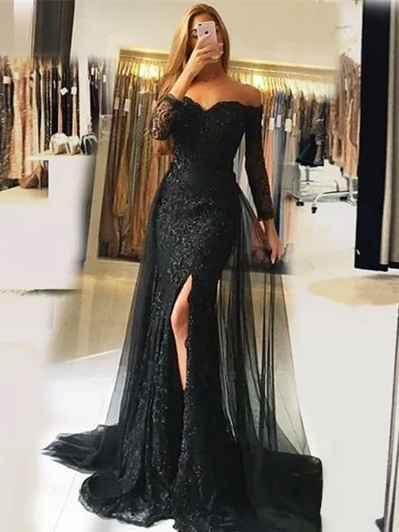 Sweetheart Lace-Appliques Front-Split Newest Long-Sleeve Mermaid Prom Dress