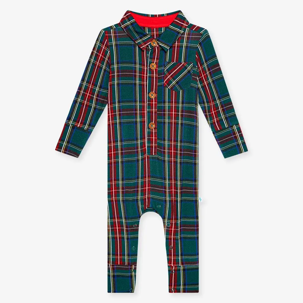 Tartan Plaid - Long Sleeve Collared Henley Long Romper