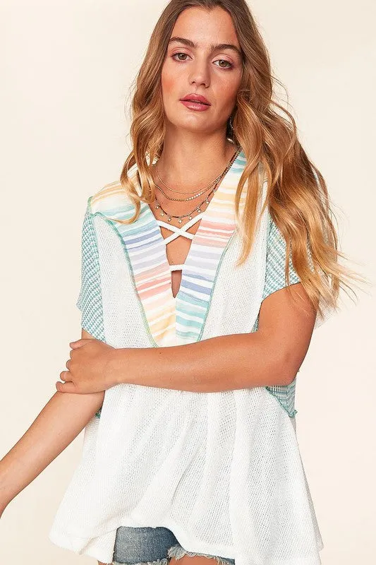 Teal The Sun Goes Down. Multi Laced Up V Neck Color Block Top