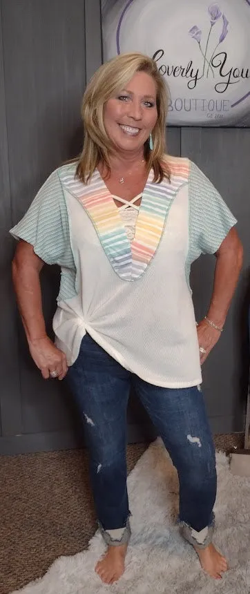 Teal The Sun Goes Down. Multi Laced Up V Neck Color Block Top