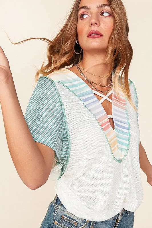 Teal The Sun Goes Down. Multi Laced Up V Neck Color Block Top