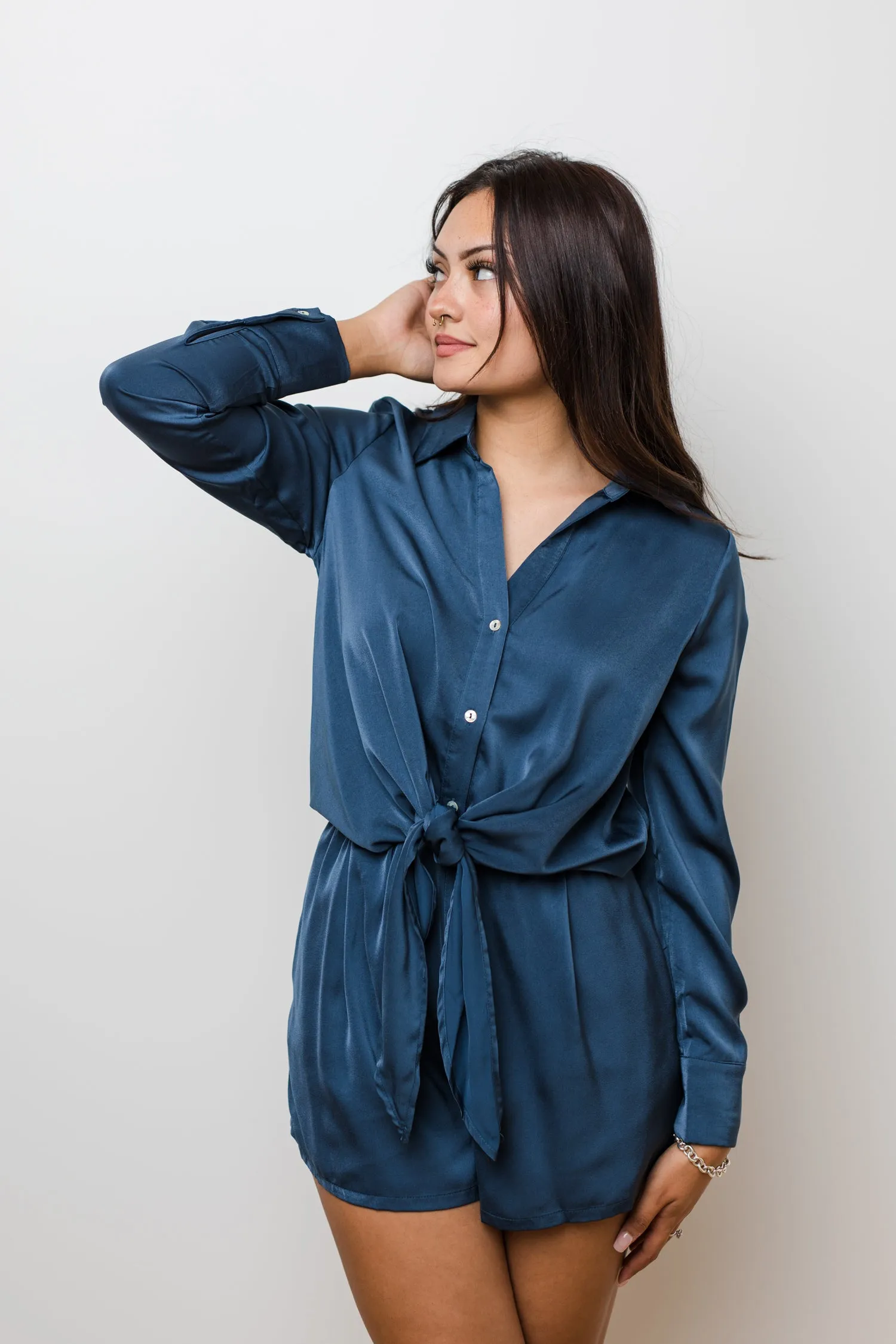 The Midnight Blue Satin Front Tie Romper