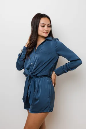 The Midnight Blue Satin Front Tie Romper