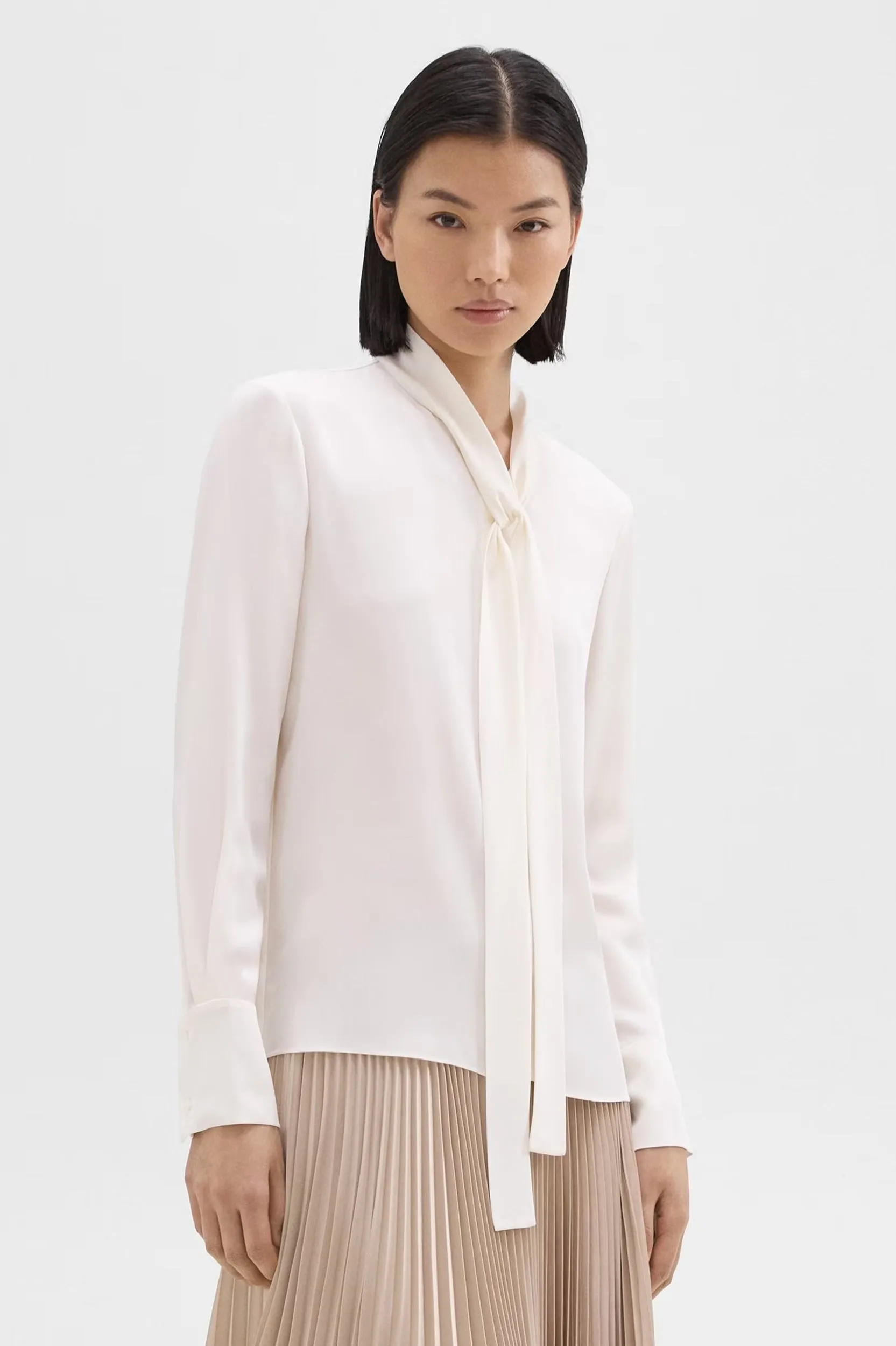 Tie Neck Silk Blouse in Ivory