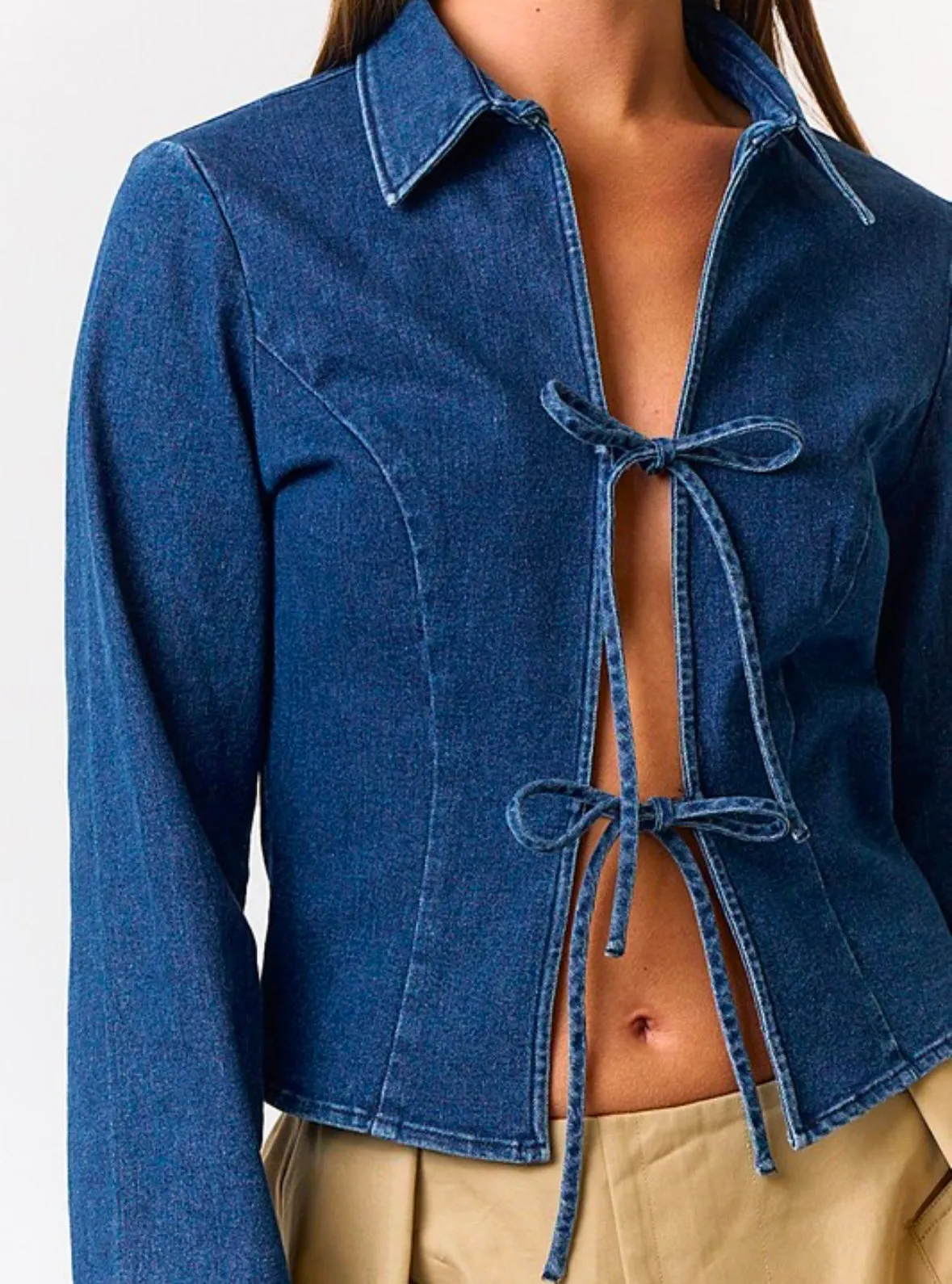 Trendy Cropped Denim Tailored Shacket with Tie Front