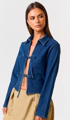 Trendy Cropped Denim Tailored Shacket with Tie Front