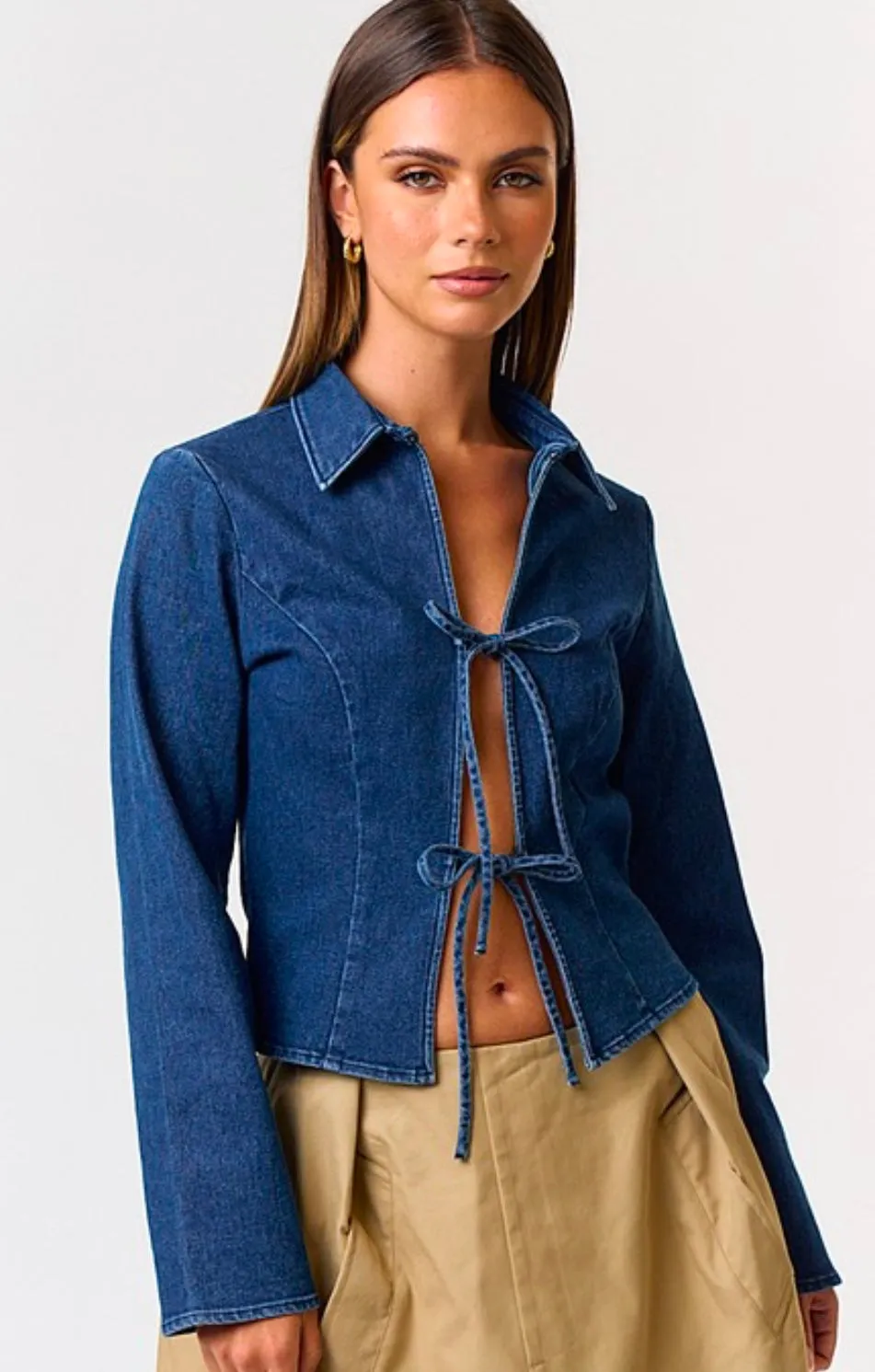 Trendy Cropped Denim Tailored Shacket with Tie Front