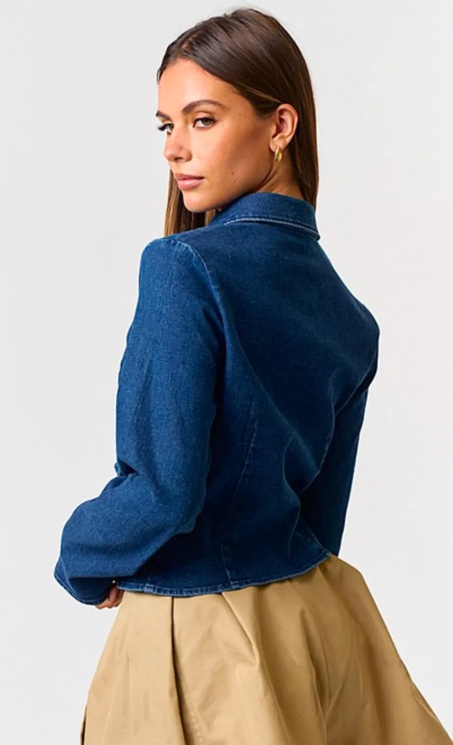 Trendy Cropped Denim Tailored Shacket with Tie Front