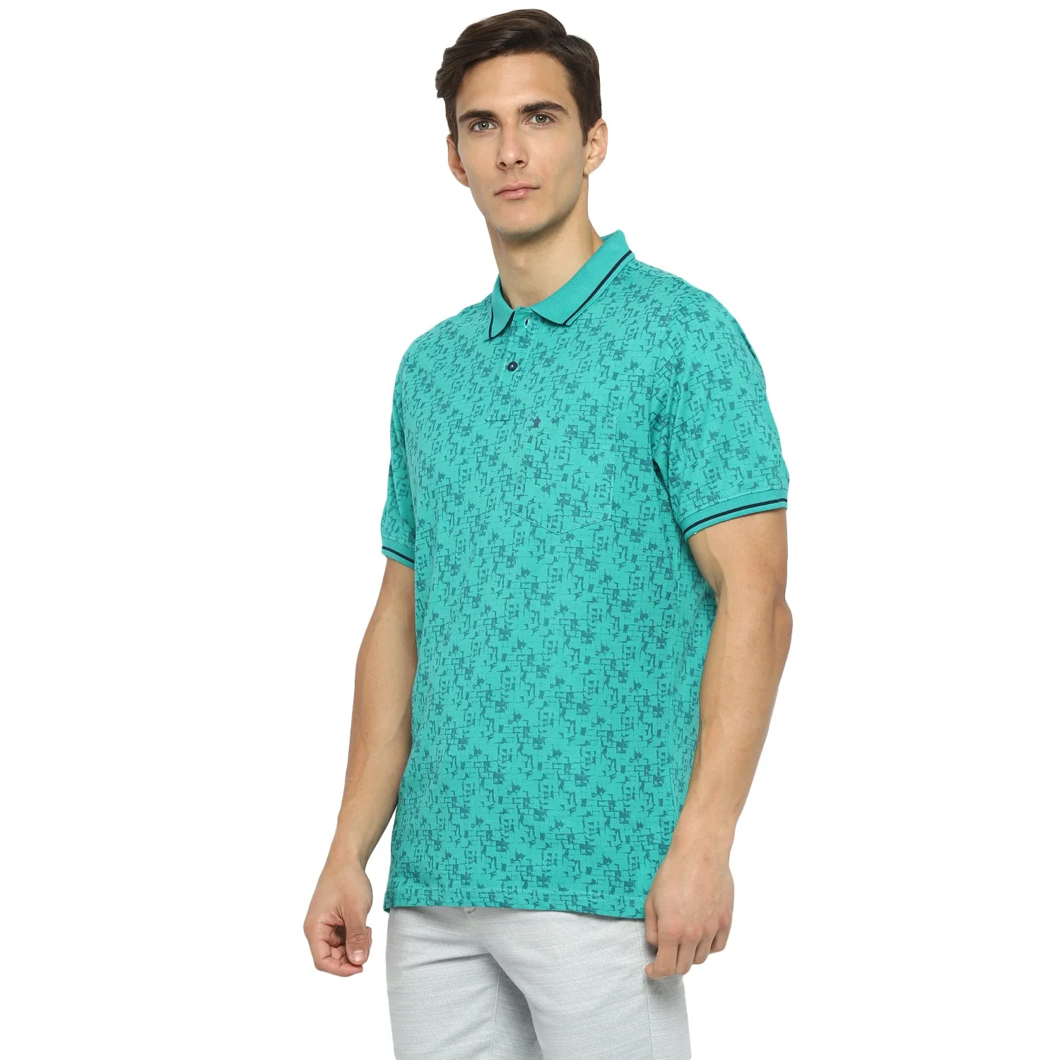 Turtle Men Light Green Printed Polo Neck T-Shirts