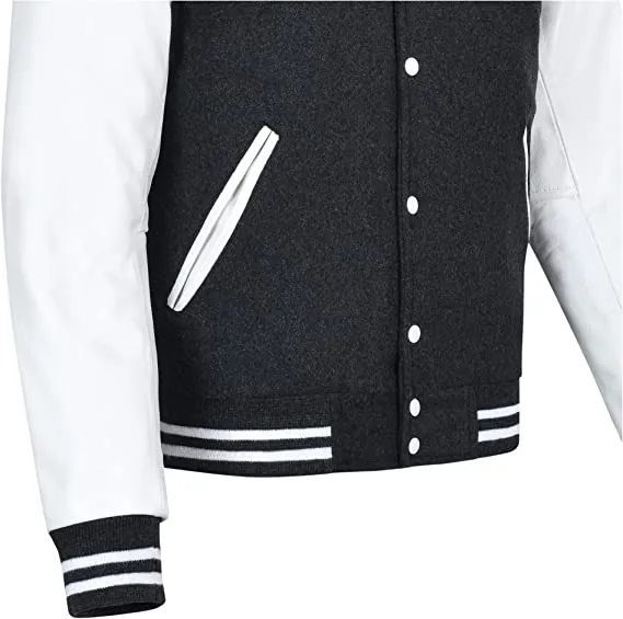 Warrior Gears Classic Hybrid Varsity Jacket University Letterman Bomber Jacket, Pure Wool & Original Cowhide Leather Jacket, Dark Grey Pure Wool Body & White Real Leather Sleeves