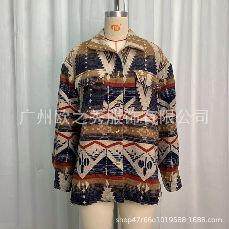 Wholesale European and American Autumn and Winter Jackets, Thickened Retro Aztec Printed Woolen Women Clothes