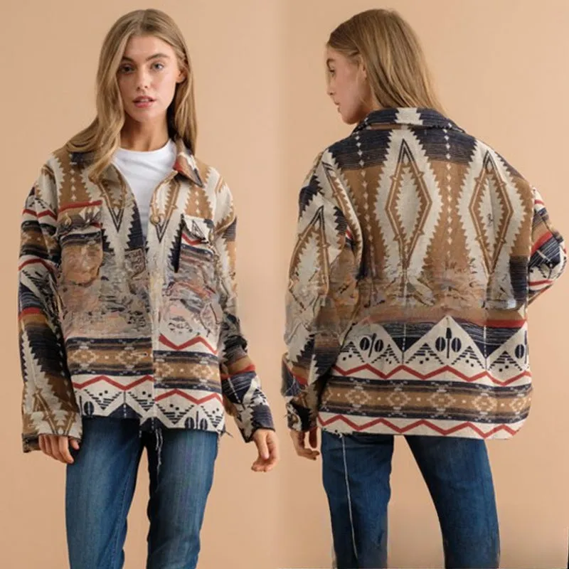 Wholesale European and American Autumn and Winter Jackets, Thickened Retro Aztec Printed Woolen Women Clothes