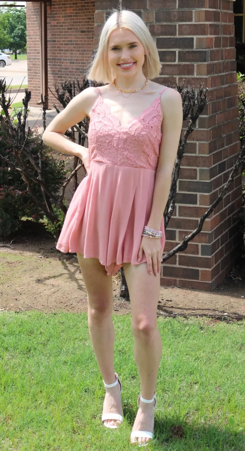 WISHLIST APPAREL OPTIC Lace Bodice Cross Back PleatShort Romper