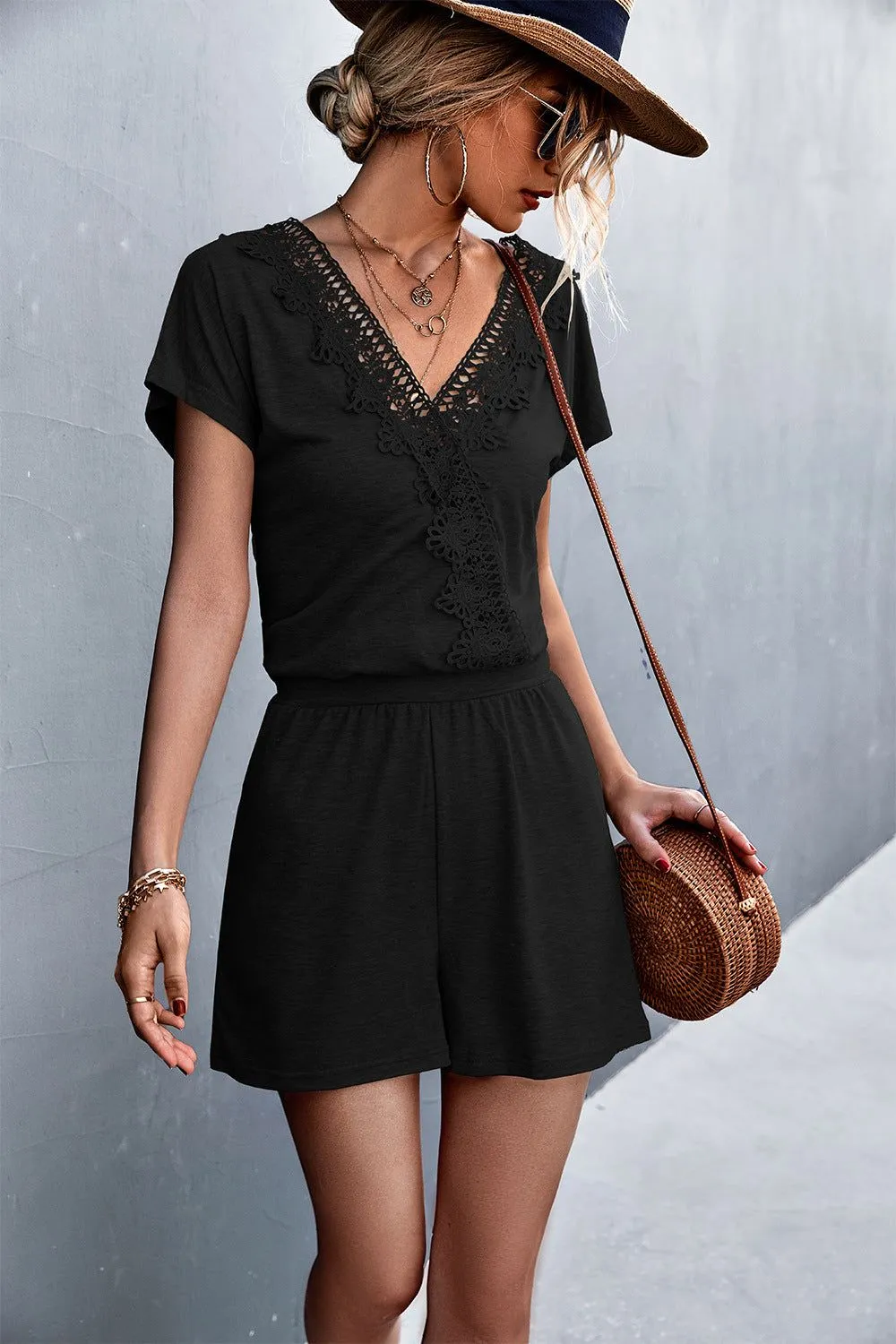 Women Lace Trim V-Neck Romper