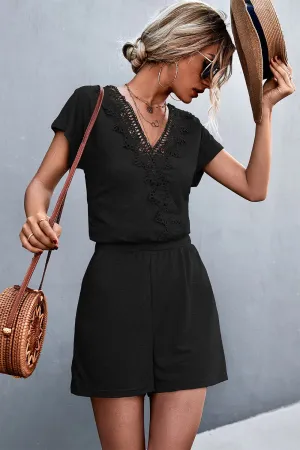 Women Lace Trim V-Neck Romper