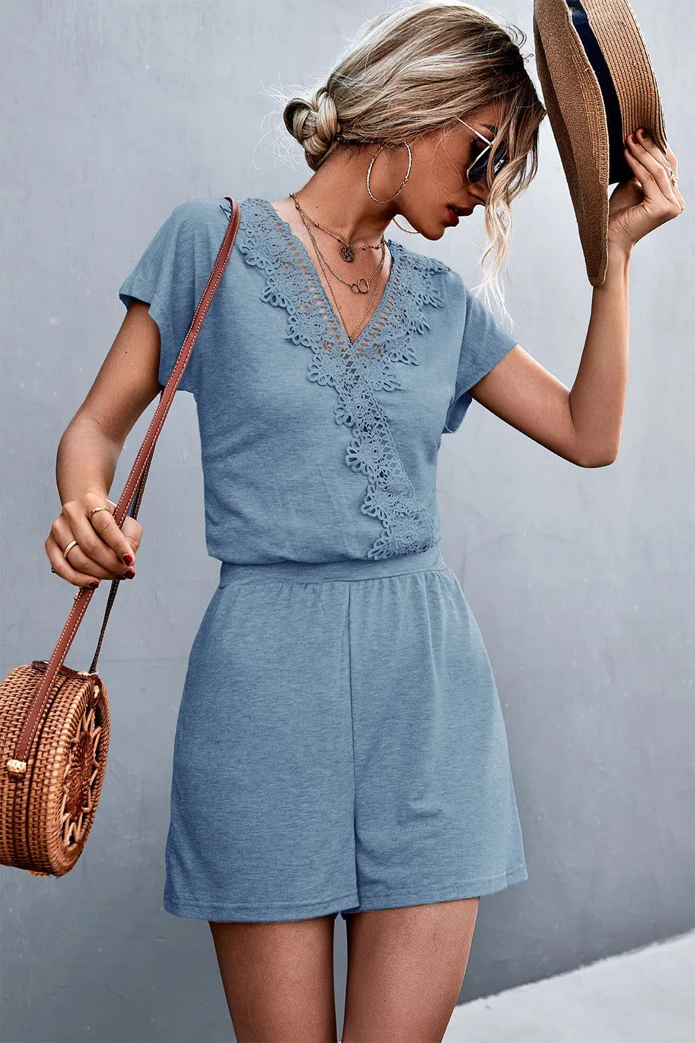 Women Lace Trim V-Neck Romper