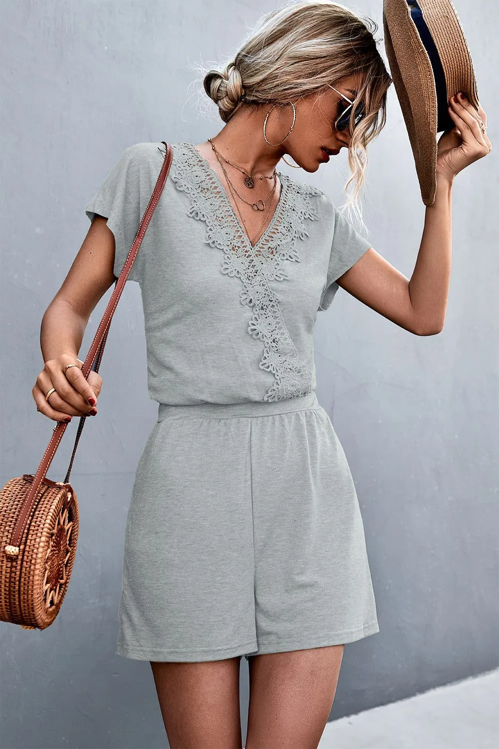 Women Lace Trim V-Neck Romper