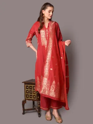 Women Maroon Ornamental Printed Kurta Comfort Pant Dupatta
