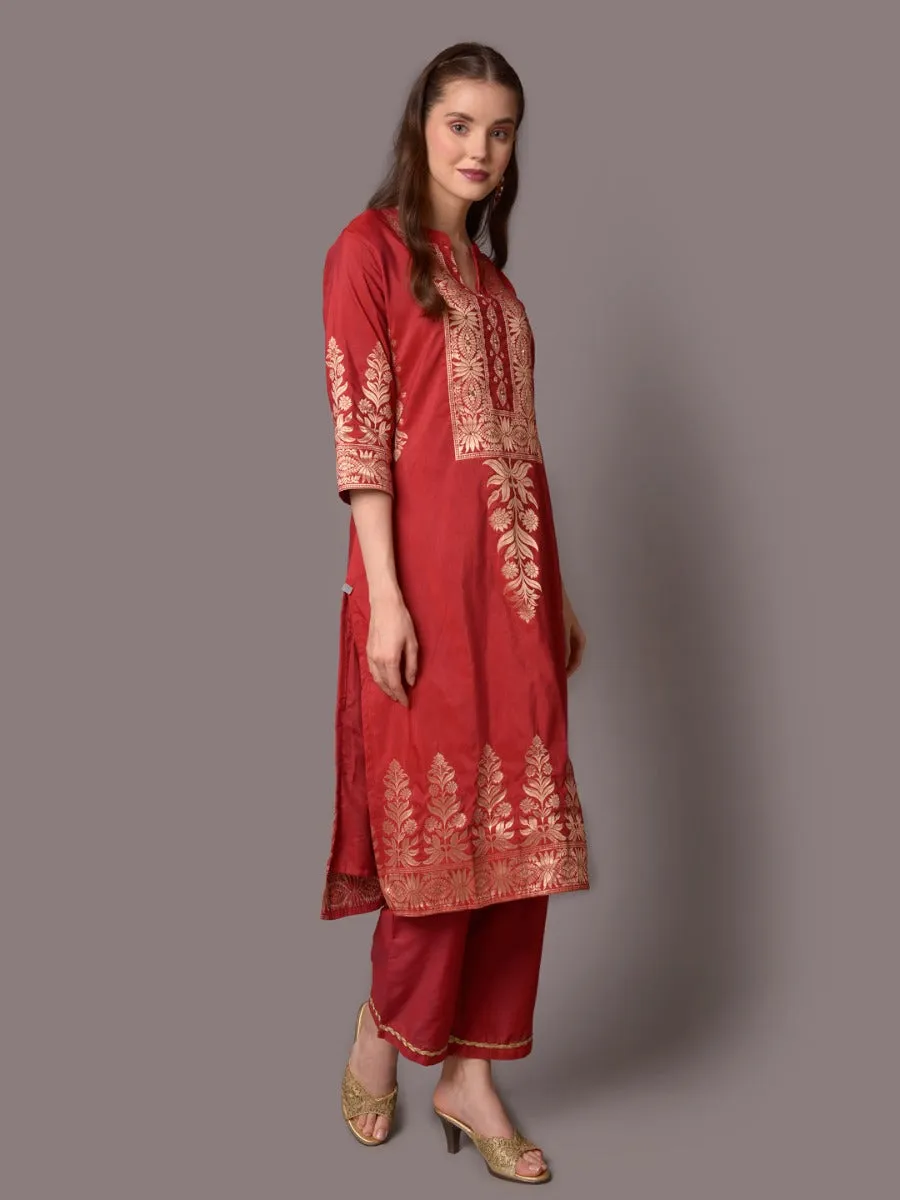 Women Maroon Ornamental Printed Kurta Comfort Pant Dupatta