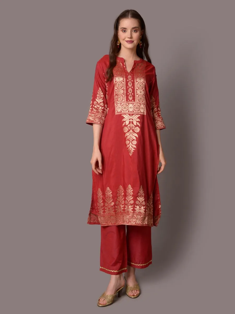 Women Maroon Ornamental Printed Kurta Comfort Pant Dupatta