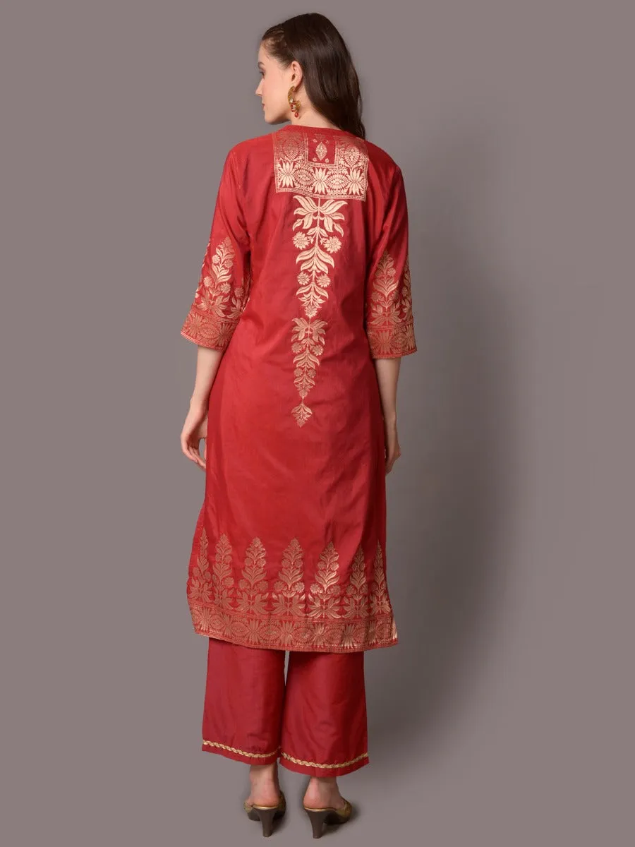 Women Maroon Ornamental Printed Kurta Comfort Pant Dupatta