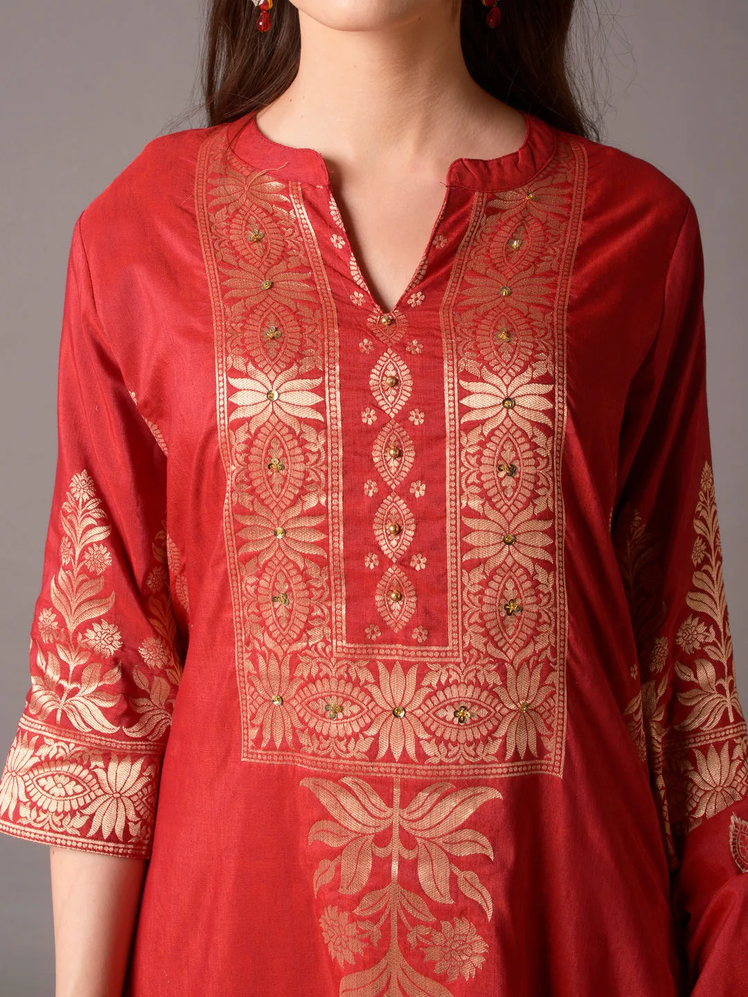 Women Maroon Ornamental Printed Kurta Comfort Pant Dupatta