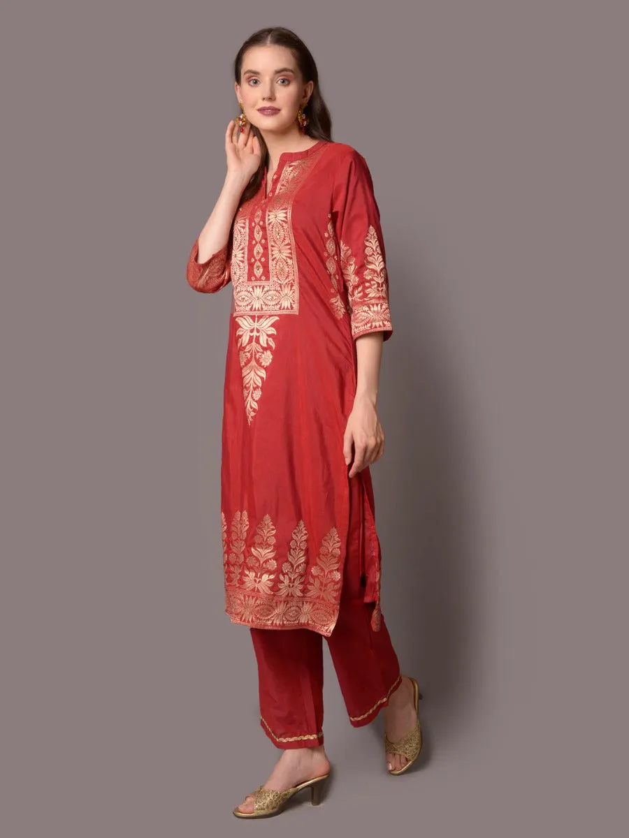 Women Maroon Ornamental Printed Kurta Comfort Pant Dupatta