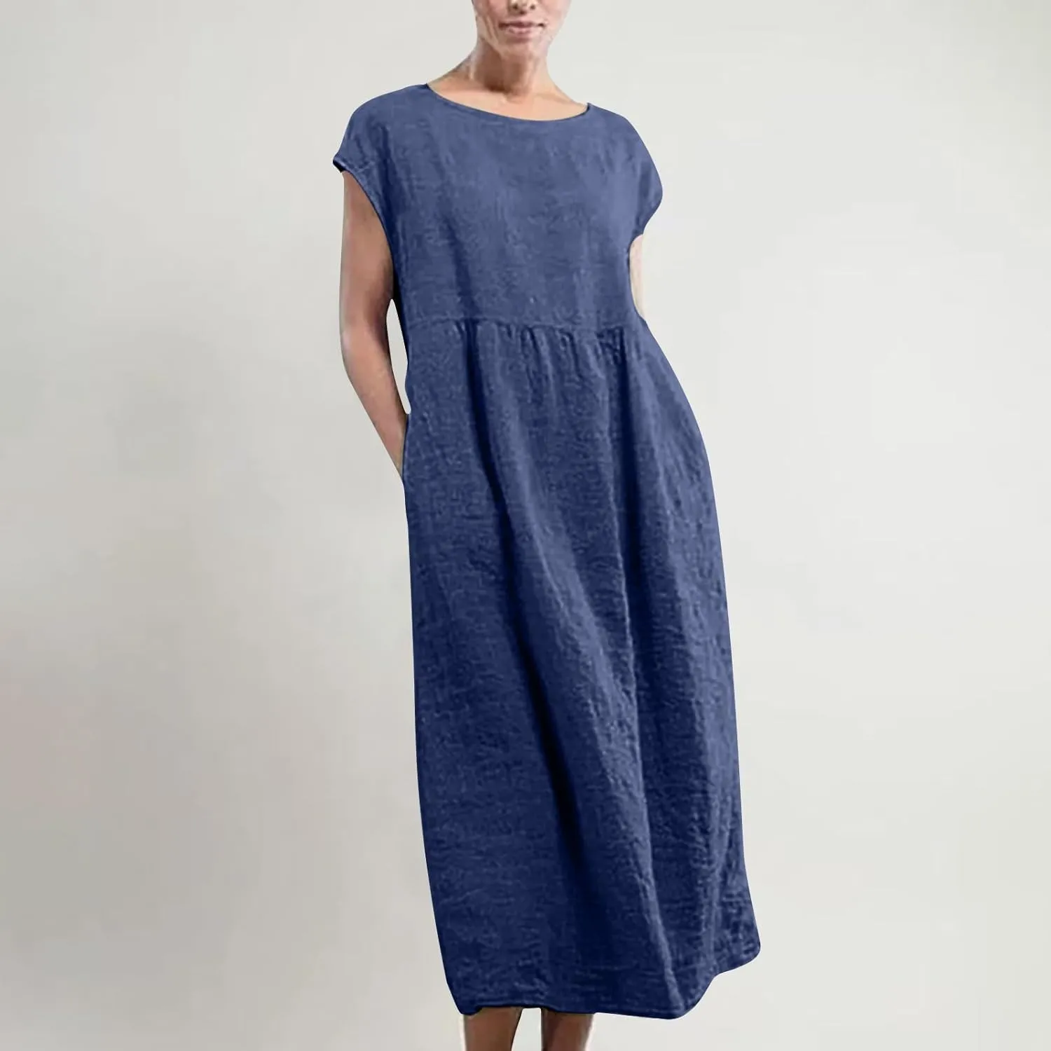 Women's Cotton Linen Dress with Pocket 2025 Plus Size Cap Sleeve Summer Dresses Vacation Crew Neck Casual Dress