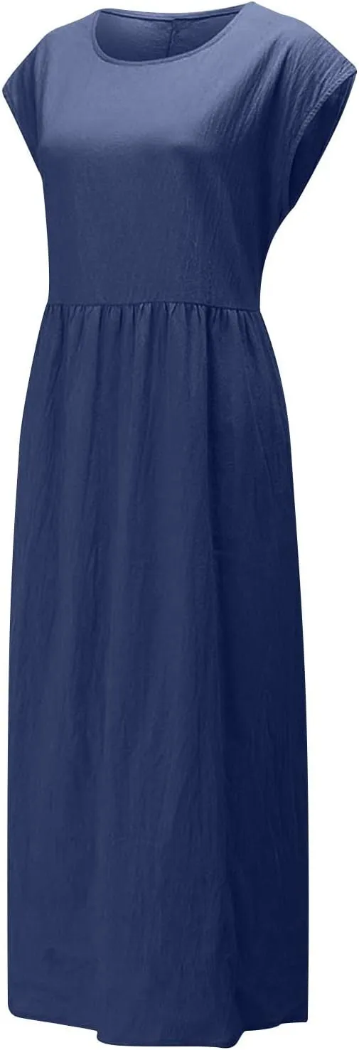 Women's Cotton Linen Dress with Pocket 2025 Plus Size Cap Sleeve Summer Dresses Vacation Crew Neck Casual Dress
