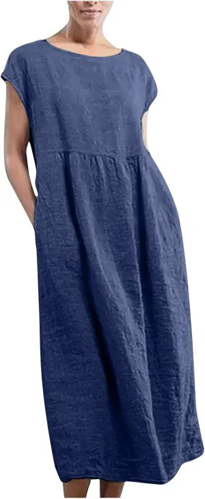 Women's Cotton Linen Dress with Pocket 2025 Plus Size Cap Sleeve Summer Dresses Vacation Crew Neck Casual Dress