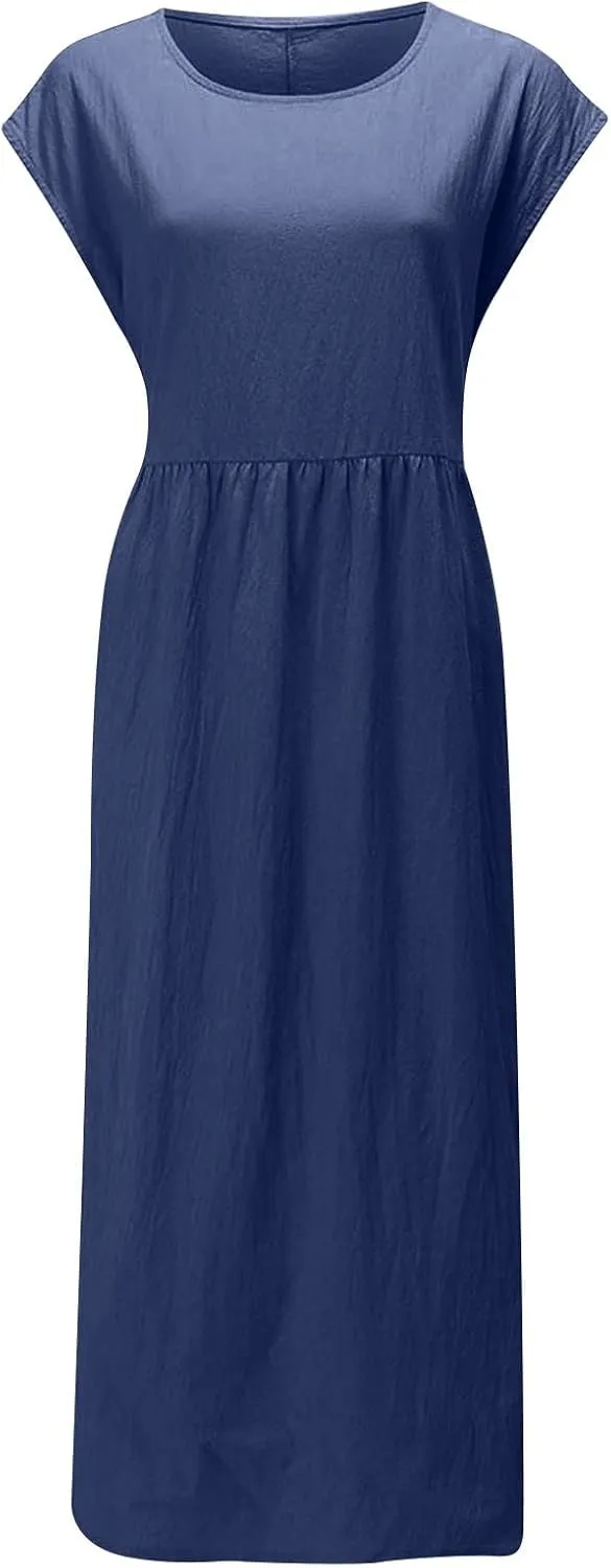 Women's Cotton Linen Dress with Pocket 2025 Plus Size Cap Sleeve Summer Dresses Vacation Crew Neck Casual Dress